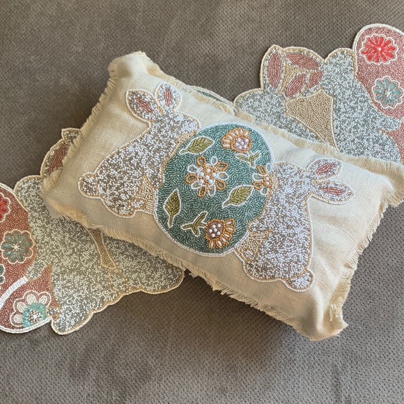 Pier 1 Imports Beaded Sequin Easter Garden Party Table Runner Burlap Pillow NWT